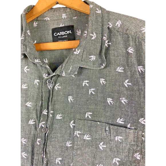 Carbon XXL 2XL Mens Shirt Bird Print Button Down Gray Short Sleeve 100% Cotton - Picture 5 of 8
